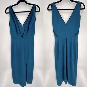 Dress The Population Deep V Neck Crepe Midi With Black Pipping Dress